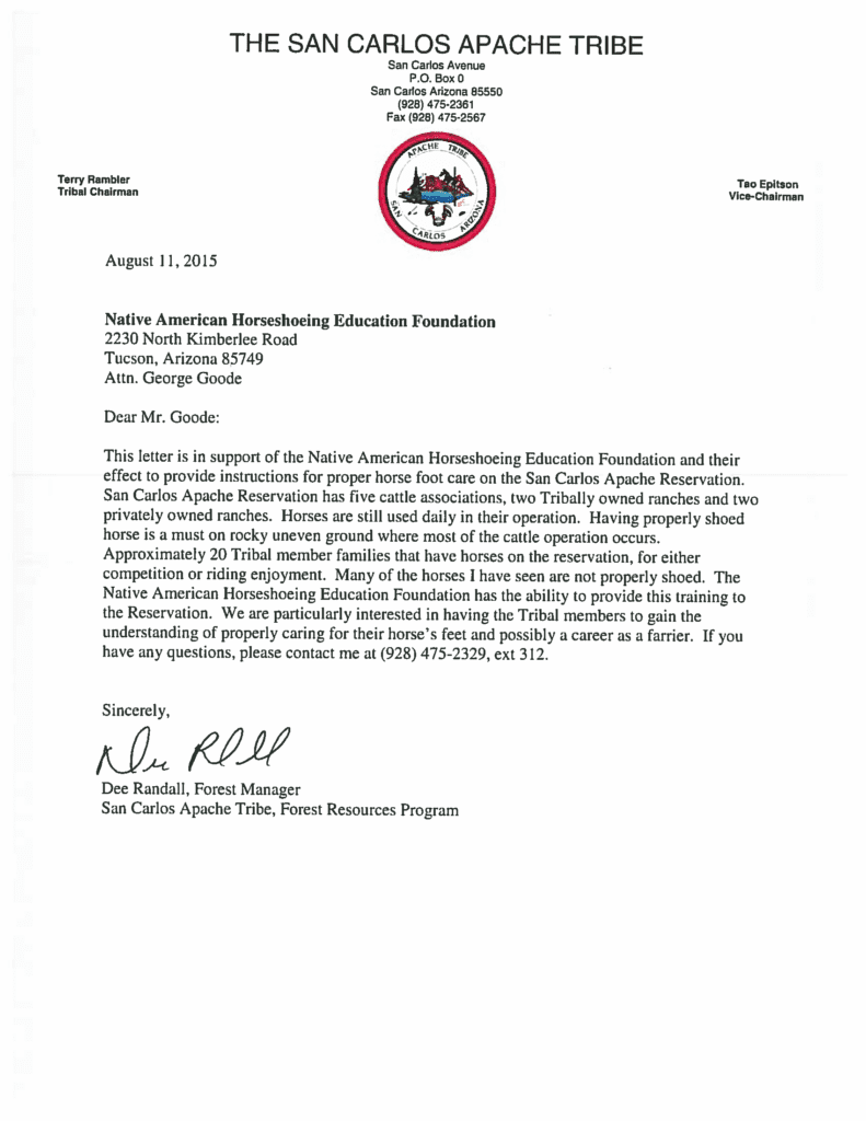 Letter of Support from the San Carlos Apache Tribe