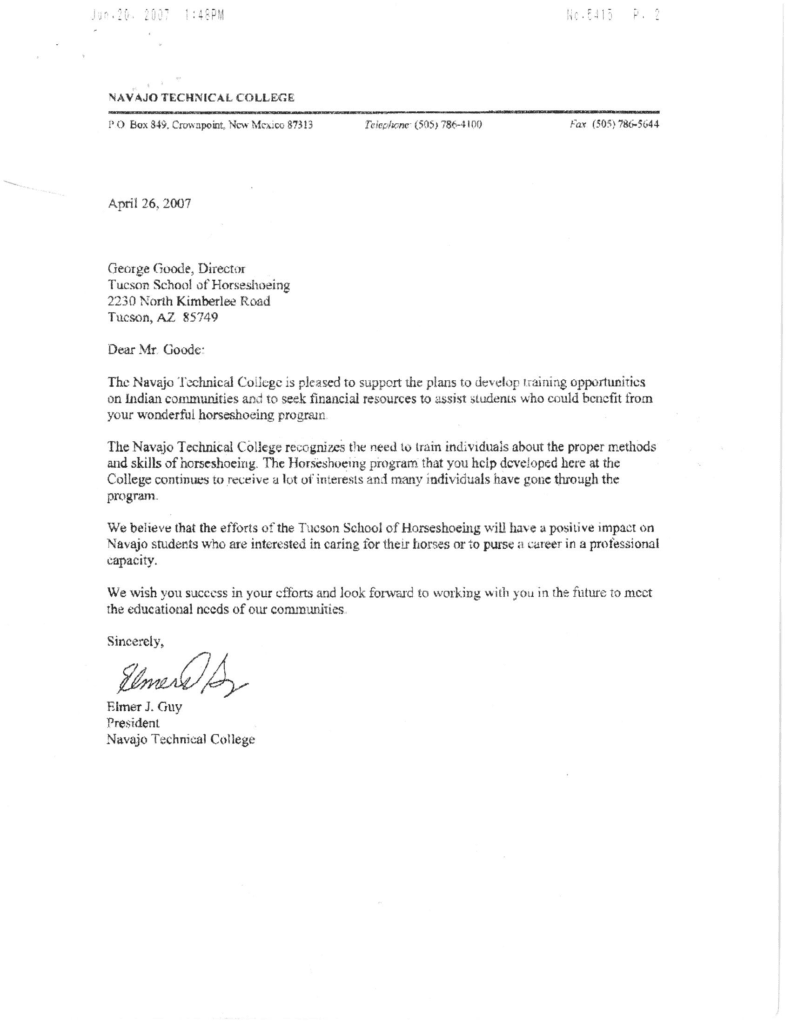 Navajo Technical College Letter of Support, 2007