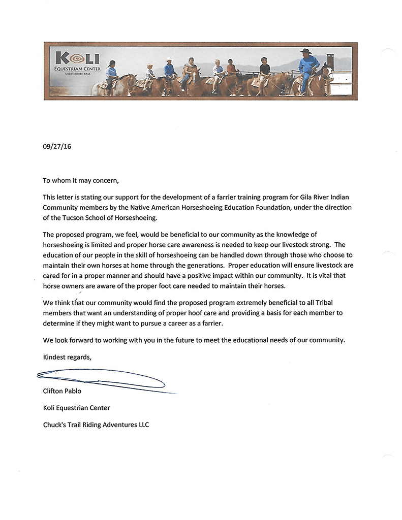 Letter of Support from Koli Equestrian Center