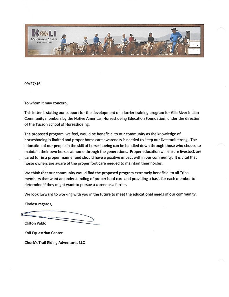 Koli Equestrian Center letter