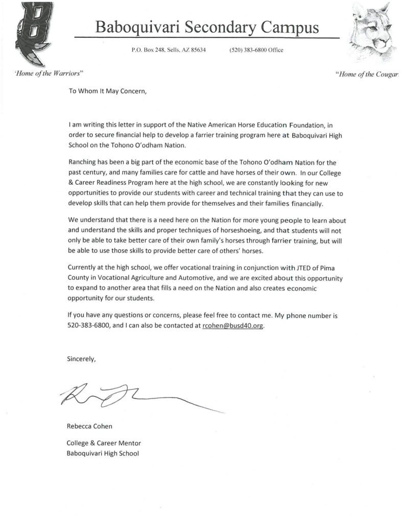Baboquivari High School Letter of Support
