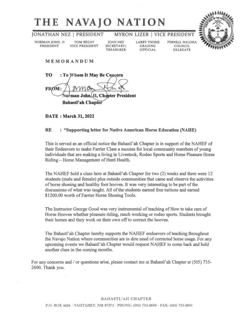 The Navajo Nation Letter of Support, 2022