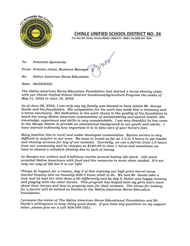 Chinle Unified School District No. 24 letter of support